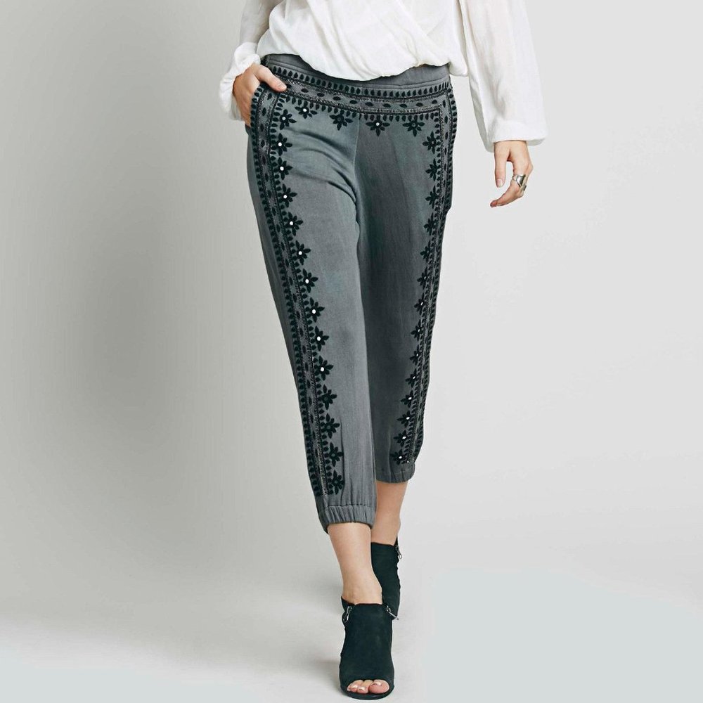 Free People Grey Sweatpants with Embroidery+Mirror
